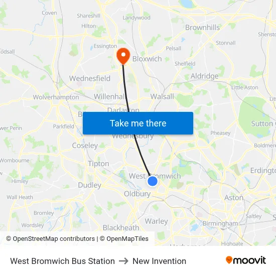 West Bromwich Bus Station to New Invention map