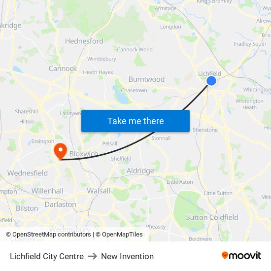 Lichfield City Centre to New Invention map