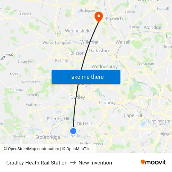 Cradley Heath Rail Station to New Invention map
