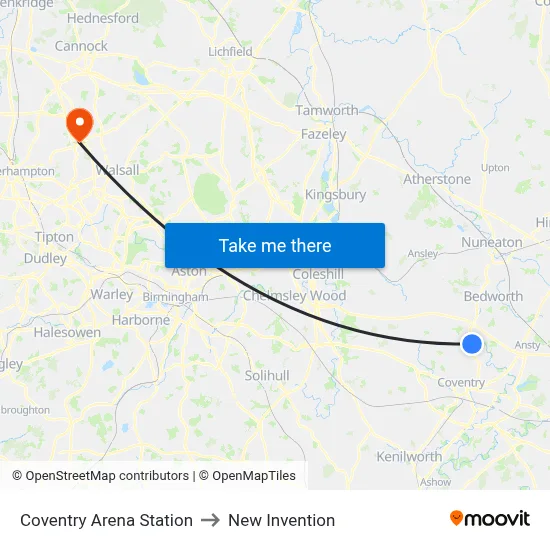 Coventry Arena Station to New Invention map