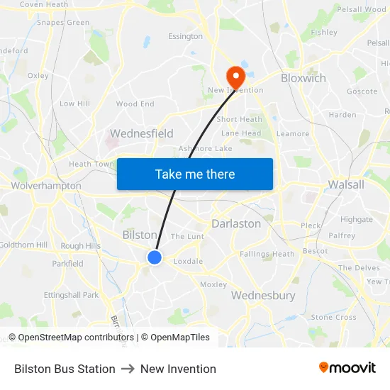 Bilston Bus Station to New Invention map