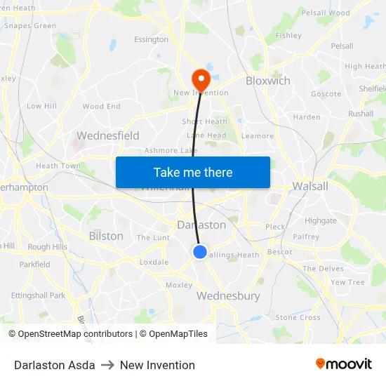 Darlaston Asda to New Invention map