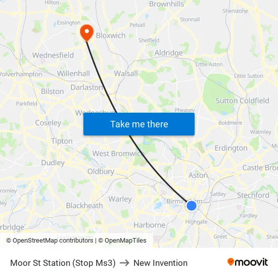 Moor St Station (Stop Ms3) to New Invention map