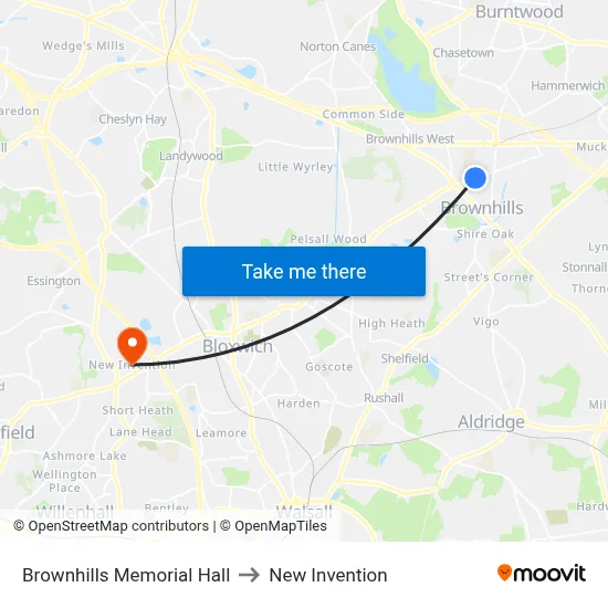 Brownhills Memorial Hall to New Invention map
