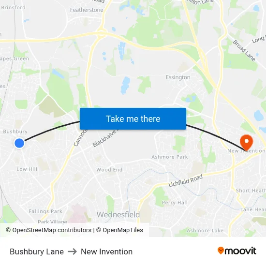 Bushbury Lane to New Invention map