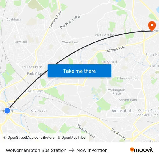 Wolverhampton Bus Station to New Invention map