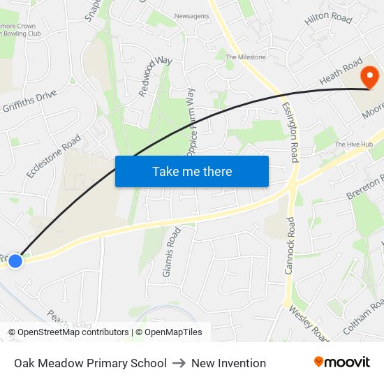 Oak Meadow Primary School to New Invention map