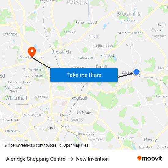 Aldridge Shopping Centre to New Invention map