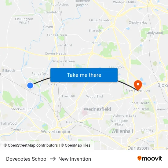 Dovecotes School to New Invention map