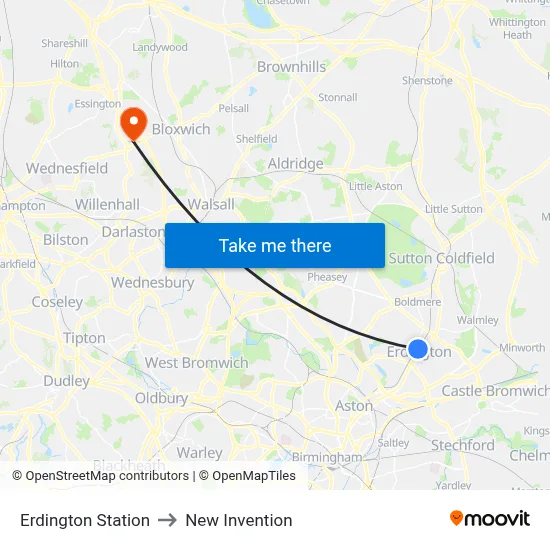 Erdington Station to New Invention map