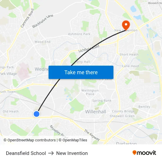 Deansfield School to New Invention map