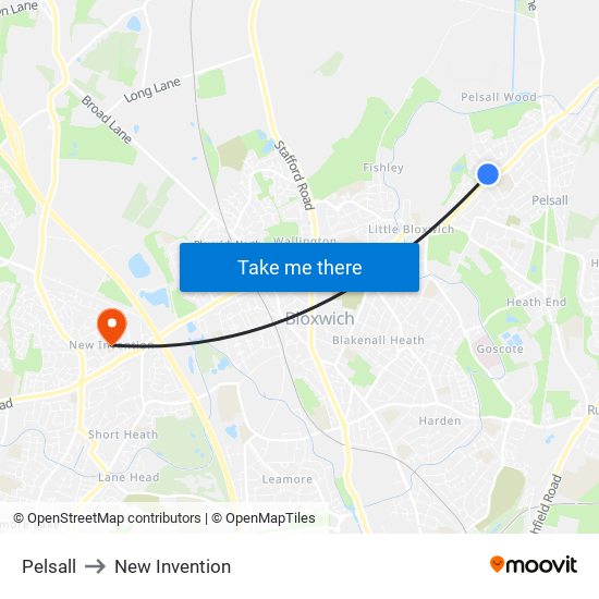 Pelsall to New Invention map