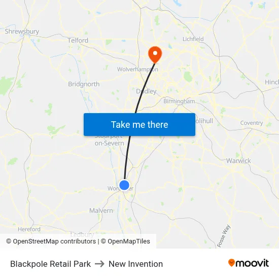 Blackpole Retail Park to New Invention map