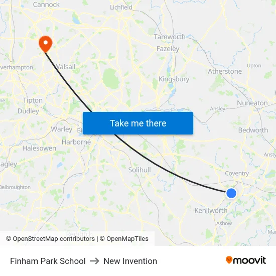 Finham Park School to New Invention map