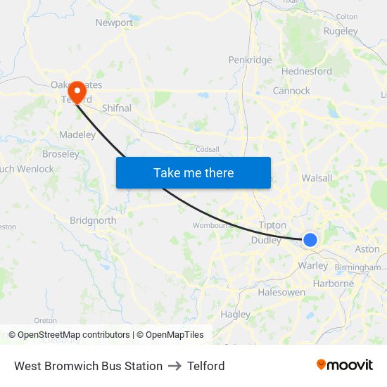 West Bromwich Bus Station to Telford map