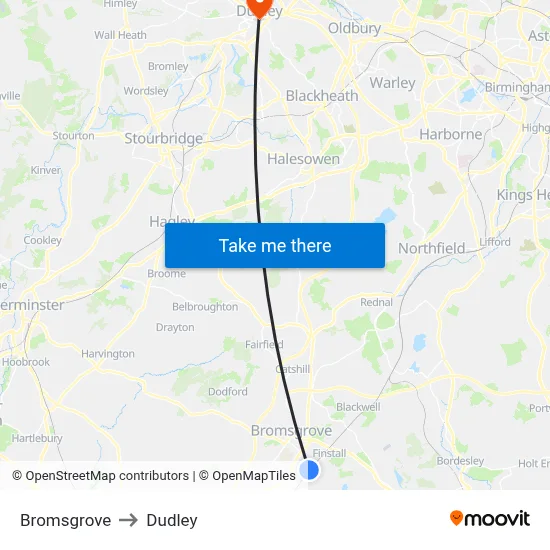 Bromsgrove to Dudley map