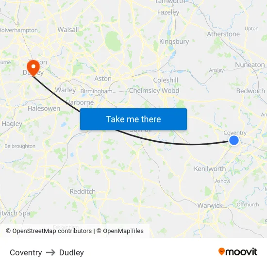 Coventry to Dudley map