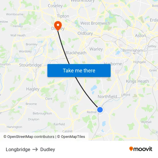 Longbridge to Dudley map