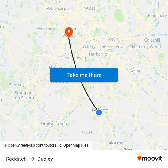 Redditch to Dudley map