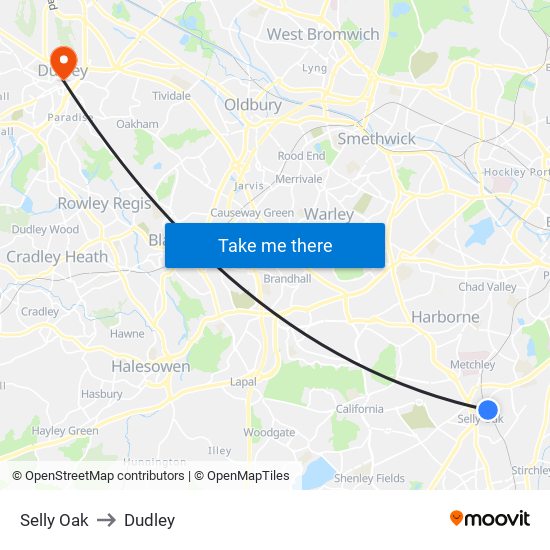 Selly Oak to Dudley map