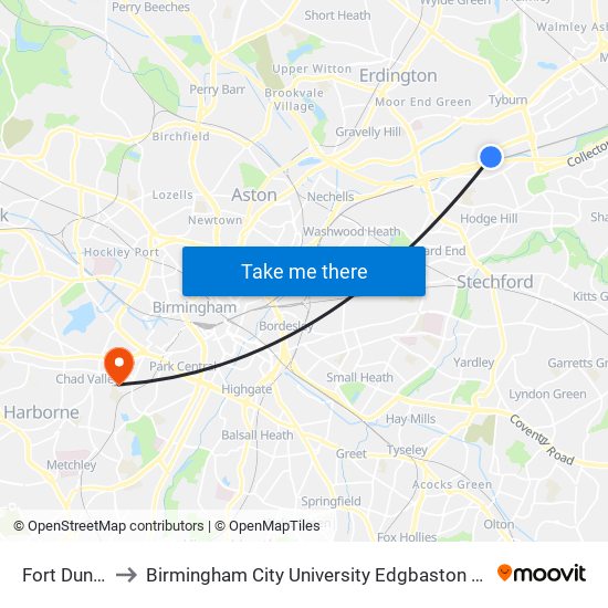 Fort Dunlop to Birmingham City University Edgbaston Campus map