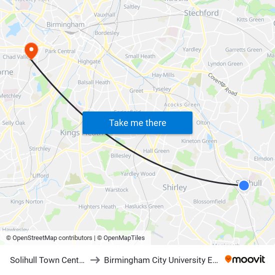 Solihull Town Centre (Stop Sm) to Birmingham City University Edgbaston Campus map