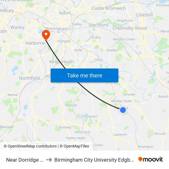 Near Dorridge Station to Birmingham City University Edgbaston Campus map