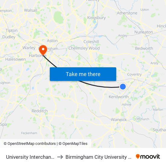 University Interchange (Stop Uw5) to Birmingham City University Edgbaston Campus map