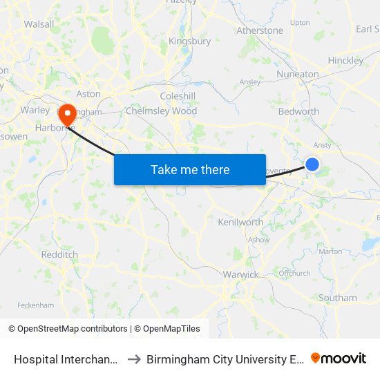 Hospital Interchange (Stop Uh9) to Birmingham City University Edgbaston Campus map