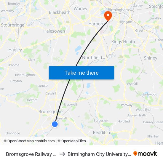 Bromsgrove Railway Station (Stand A) to Birmingham City University Edgbaston Campus map