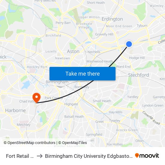 Fort Retail Park to Birmingham City University Edgbaston Campus map