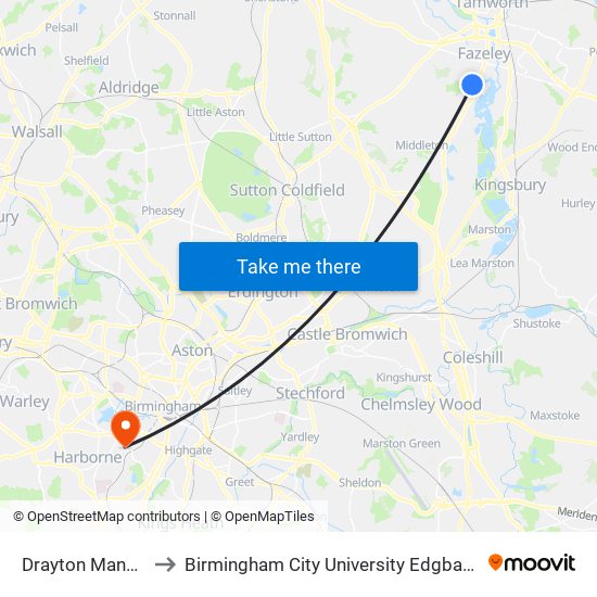 Drayton Manor Park to Birmingham City University Edgbaston Campus map