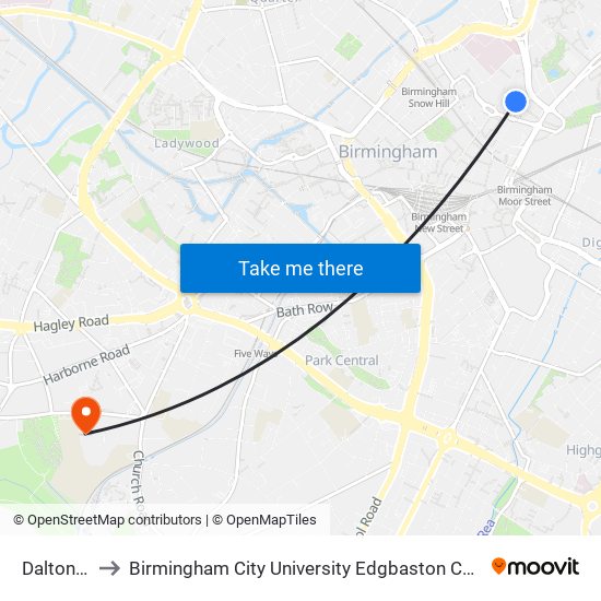 Dalton St to Birmingham City University Edgbaston Campus map