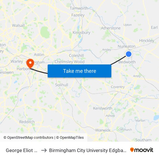 George Eliot School to Birmingham City University Edgbaston Campus map