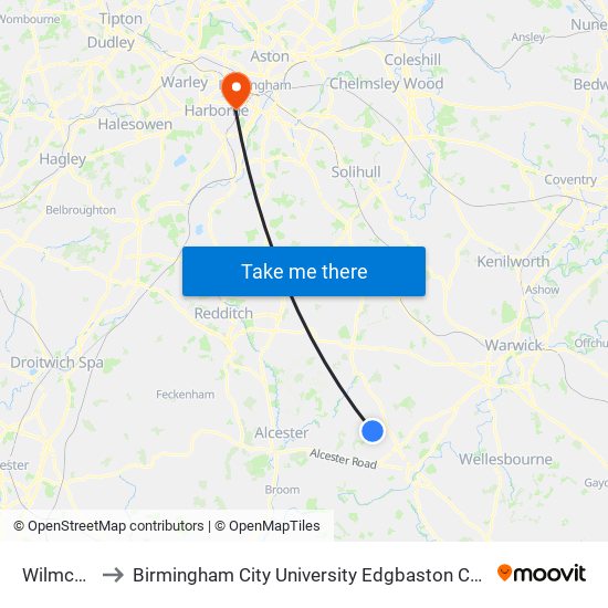 Wilmcote to Birmingham City University Edgbaston Campus map