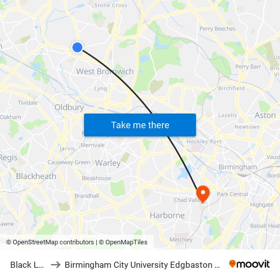 Black Lake to Birmingham City University Edgbaston Campus map