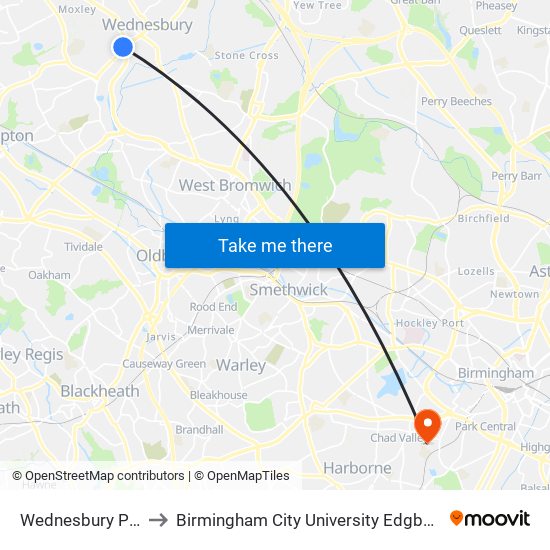 Wednesbury Parkway to Birmingham City University Edgbaston Campus map