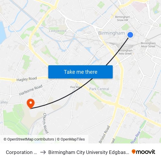 Corporation Street to Birmingham City University Edgbaston Campus map