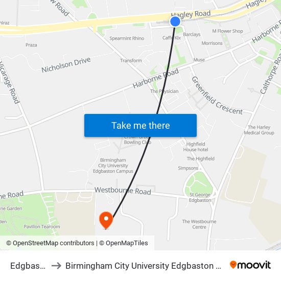 Edgbaston to Birmingham City University Edgbaston Campus map