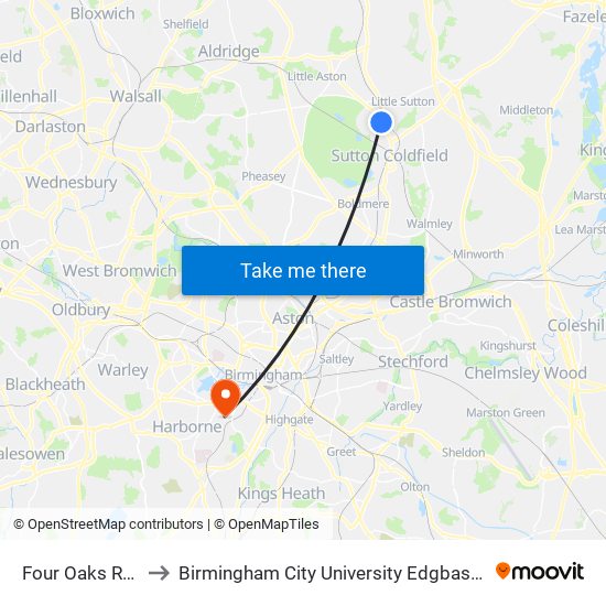 Four Oaks Rail Stn to Birmingham City University Edgbaston Campus map