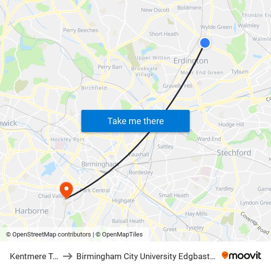 Kentmere Tower to Birmingham City University Edgbaston Campus map