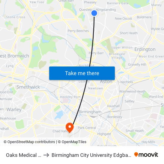 Oaks Medical Centre to Birmingham City University Edgbaston Campus map