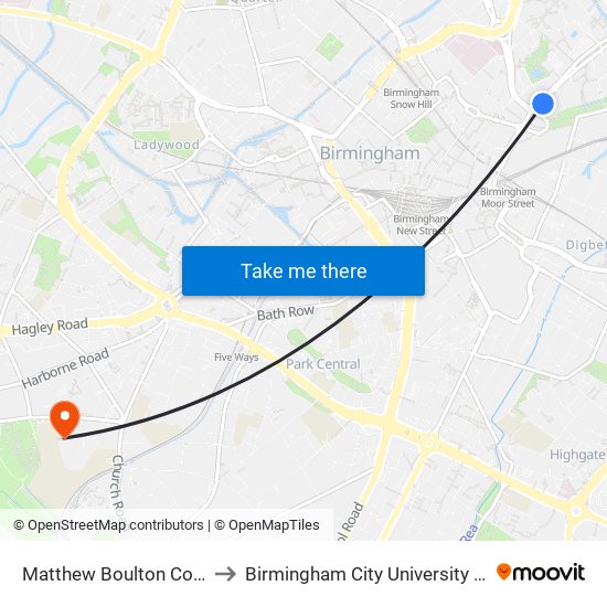 Matthew Boulton College (Stop Jr2) to Birmingham City University Edgbaston Campus map