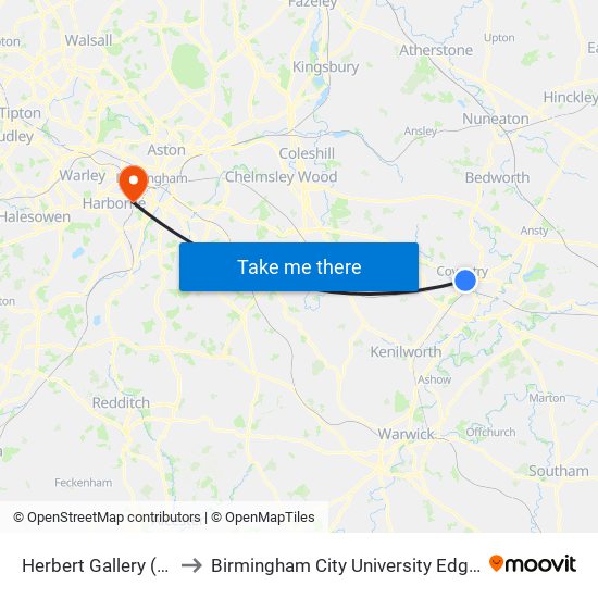Herbert Gallery (Stop Es1) to Birmingham City University Edgbaston Campus map