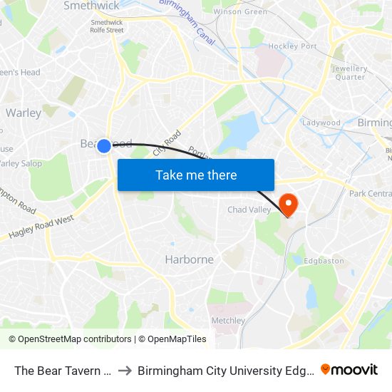 The Bear Tavern (Stop Ba) to Birmingham City University Edgbaston Campus map