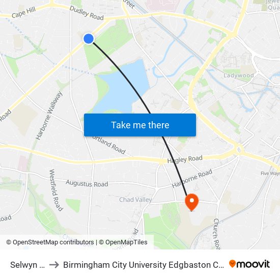 Selwyn Rd to Birmingham City University Edgbaston Campus map