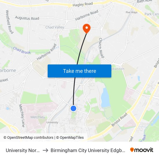 University North Gate to Birmingham City University Edgbaston Campus map