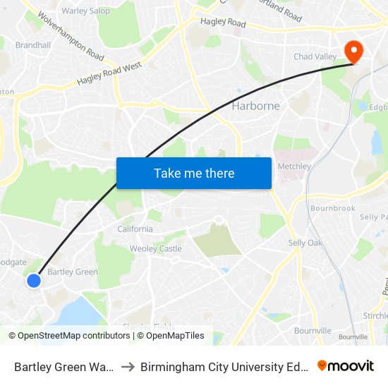 Bartley Green War Memorial to Birmingham City University Edgbaston Campus map