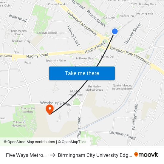 Five Ways Metro (Stop Fb) to Birmingham City University Edgbaston Campus map