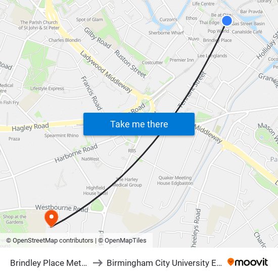 Brindley Place Metro (Stop Br5) to Birmingham City University Edgbaston Campus map